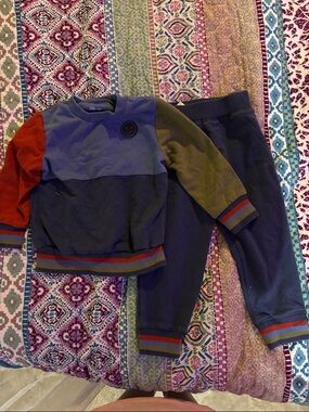 Little Me Colorblock Sweatshirt and Navy Joggers - Blue, Olive, Red